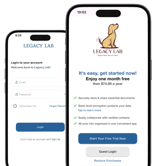 digital vault for Estate Organizer and Death Doula iOS and Android App Screenshot